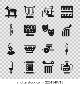 Juego Ambulancias rotas, llama de antorcha, columna antigua, ruinas antiguas, anillos olímpicos, daga, caballo de Troya y icono de máscaras de comedia y tragedia. Vector
