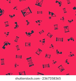 Set Broken ancient column, Old hourglass with sand, Fire extinguisher and Egypt pyramids on seamless pattern. Vector
