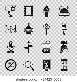 Conjunto Columna antigua rota, casco del ejército romano, llama de la antorcha, da conferencia, ánforas antiguas, barrera de cuerda, cámara de seguridad e icono de martillo de la edad de piedra. Vector