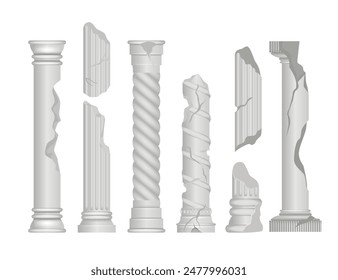 Set of broken ancient greek pillar set collection, Marble antique columns and pillars of roman and greek architecture elements, Roman columns, White stone pillars with ornate capitals