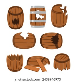 Set of broken barrel set collection, vintage broken old wooden barrel set collection with cartoon style, isolated on white background, vector illustration, pirate concept, drum container.