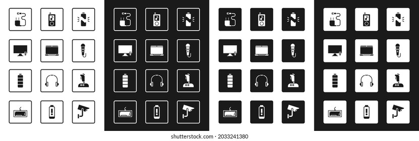 Set Broken battery, Laptop, Smart Tv, Charger, Microphone, Music player, Joystick for arcade machine and Battery charge level indicator icon. Vector