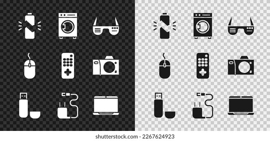 Set Broken battery, Washer, Smart glasses, USB flash drive, Charger, Laptop, Computer mouse and Remote control icon. Vector