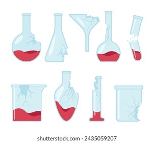 Conjunto de la colección rota del vaso de precipitados, frascos de medición químicos del laboratorio del vidrio roto y tubos de ensayo, cristalería de laboratorio quebrada con grietas, agujeros y dispersiones. Equipo científico destruido y aplastado