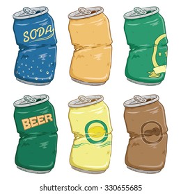 Set Of Broken Beer, Lime, Coffee And Soda Cans With Color And Doodle Or Sketchy Style