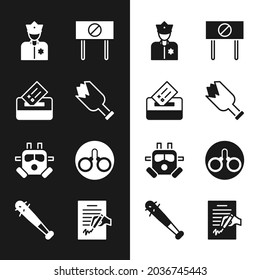 Poner la botella rota como arma, caja de votación, oficial de policía, protesta, máscara de gas, esposas, petición y bate de béisbol con icono de uñas. Vector