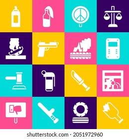 Set Broken bottle as weapon, window, Police assault shield, Peace, Pistol or gun, Burning car, Paint spray can and Lying burning tires icon. Vector