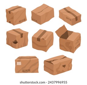 Set of broken box set collection, Damaged cardboard boxes, Cartoon broken package, Wet, crumpled, crinkled, spoiled carton parcels, goods orders, Cargo and mail parcels,  poor quality order delivery.