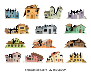Set of Broken buildings. Destroyed facades of houses, damaged constructions. Architecture of city after accident, disaster, earthquake. Cartoon flat vector collection isolated on white background