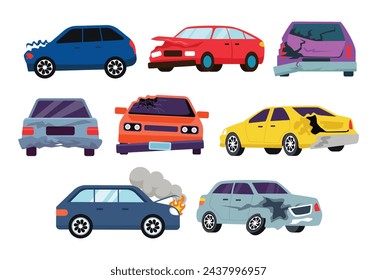 Set of broken car set collection, Car accident. Damaged transport on the road repair service insurances vehicle cartoon, Accident crash car, emergency broken and insurance auto, Vehicle wreck.