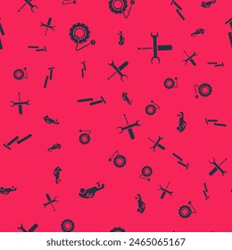 Set Broken car, Tire pressure gauge, Windscreen wiper and Screwdriver and wrench spanner on seamless pattern. Vector