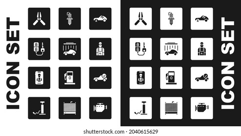 Set Broken car, Car wash, key with remote, batería jumper power cable, mecánic, spark plug, Auto service check automotive e icono de servicios online. Vector