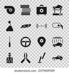 Set Broken car, Car wash, rearview mirror, Toolbox, headlight, Gear shifter, Automotive turbocharger and Chassis icon. Vector