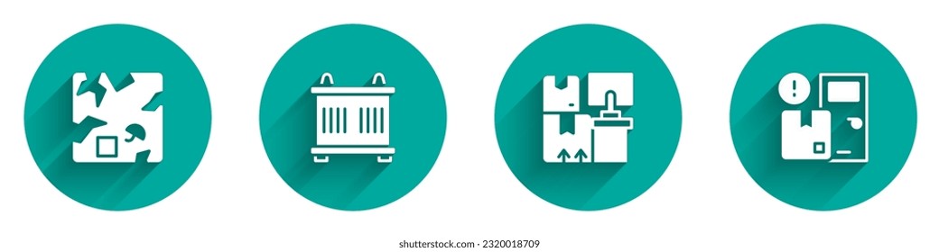 Set Broken cardboard box, Container, Warehouse with boxes and Home delivery services icon with long shadow. Vector