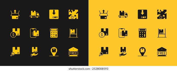 Set Broken cardboard box, Delivery hand with, Calculator, Location, Document tracking marker, Carton, Unboxing and cargo truck icon. Vector