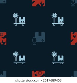 Set Broken cardboard box, Package with fragile content and Scale on seamless pattern. Vector