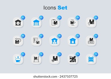 Set Broken cardboard box, Verification of delivery list, Warehouse, Unboxing, Container, Cardboard with free symbol, price and Full warehouse icon. Vector