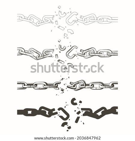 Set of broken chain. Torn, divorce, broken links, destroyed network, connections, conflict, freedom, liberty  concept. Vector line illustration.