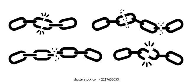 Set of broken chain vector icons. Black silhouette with break or wreck chain. Defect, rupture or shatter signs. Vector 10 EPS.