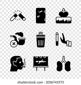 Set Broken cigarette, No smoking area, Heartbeat increase, Man, Lungs, Smoking pipe with smoke and Trash can icon. Vector