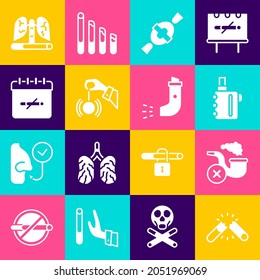 Set Broken cigarette, Smoking pipe with smoke, Electronic, Candy, Hypnosis, No smoking days, Disease lungs and Inhaler icon. Vector