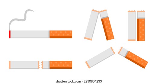 Set broken cigarette stop quit smoking on white background flat vector icon design.