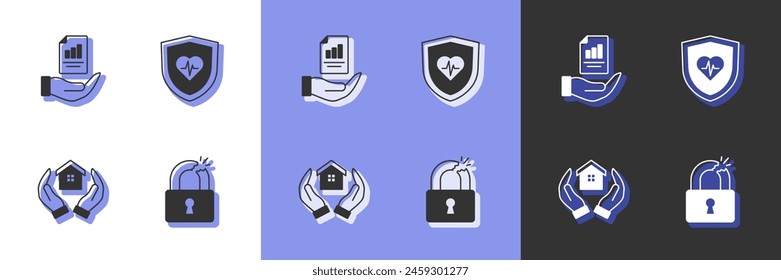 Cerradura rota o agrietada, Contrato en mano, Seguro de casa y vida con icono de escudo. Vector