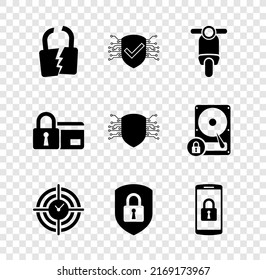 Set Broken Or Cracked Lock, Cyber Security, Scooter, Time Management, Shield With And Smartphone Icon. Vector