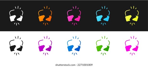 Set Broken or cracked lock icon isolated on black and white background. Unlock sign.  Vector Illustration