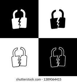 Set Broken or cracked lock icons isolated on black and white background. Unlock sign. Vector Illustration