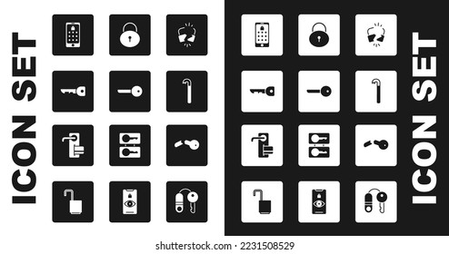 Establecer bloqueo roto o roto, clave, contraseña móvil y gráfica, barra de trabajo, bloqueo, clave e icono de puerta digital. Vector