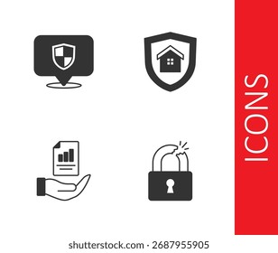 Set Broken or cracked lock, Location shield, Contract in hand and House with icon. Vector