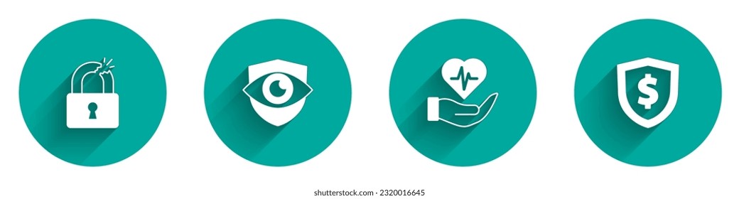 Set Broken or cracked lock, Shield and eye, Life insurance in hand and with dollar icon with long shadow. Vector