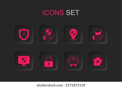 Set Broken or cracked lock, Shield in hand, Life insurance with shield, Education grant, House flood, Location and  icon. Vector