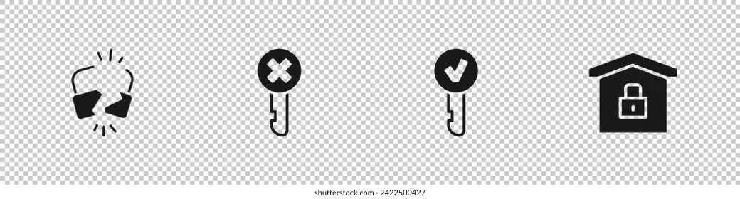 Set Broken or cracked lock, Wrong key, Key and House under protection icon. Vector
