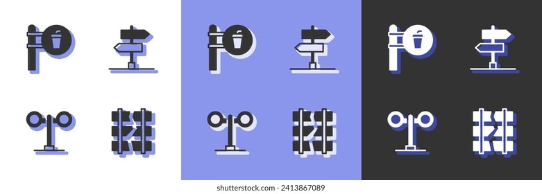 Set Ferrocarril roto o roto, ubicación de cafetería y restaurante, semáforo en tren e icono de señalización de carretera. Vector