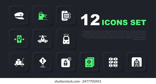 Set Broken or cracked railway, Train in tunnel, Handcar transportation, Passport, Route location, Exclamation mark square, Turnstile and Online ticket booking icon. Vector