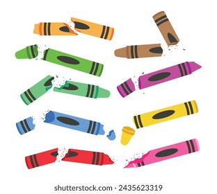 Set of Broken Crayon collection, colorful cracked crayon wax pastel pieces assortment drawing, back to school concept cartoon, art chalks school supplies stationery vector illustration