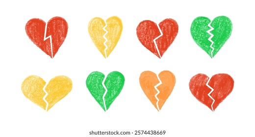 Set of broken crayon hearts in different colors on white background

