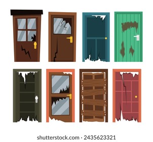 Set of broken door set collection, strict dark wood doors with glass inserts, outdoor building furniture trash, shattered or cracked glass window, repair and replacement of entrance doors.