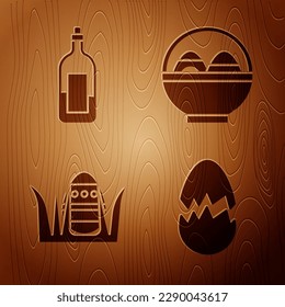 Set Broken egg, Bottle of wine, Easter egg and Basket with easter eggs on wooden background. Vector