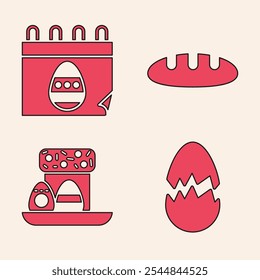 Set Broken egg, Calendar with Easter egg, Bread loaf and Easter cake and eggs icon. Vector