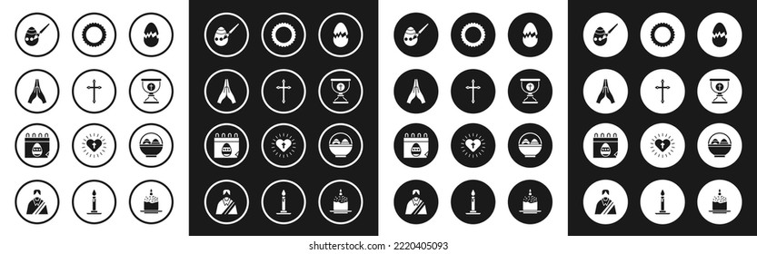 Set Broken egg, Christian cross, Hands in praying position, Easter paint brush, chalice, Sun, Basket with easter eggs and Calendar icon. Vector