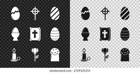 Set Broken egg, Christian cross, Easter, Burning candle in candlestick, Flower tulip, cake, on stand and Holy bible book icon. Vector