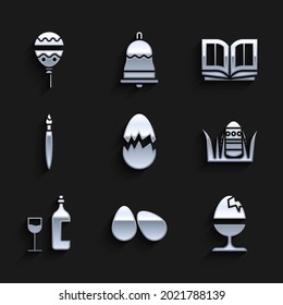Set Broken egg, Easter eggs, Chicken on stand, Wine bottle with glass, Paint brush, Holy bible book and Balloons ribbon icon. Vector