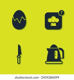 Set Huevo roto, hervidor eléctrico, cuchillo y sombrero de chef icono. Vector