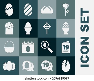 Setzen Sie Broken Ei, Grußkarte mit Frohe Ostern, auf Stand, Kuchen und christliches Kreuz-Symbol. Vektorgrafik