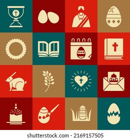 Juego de huevo roto, tarjeta de saludo con Feliz Pascua, libro sagrado de la biblia, Jesucristo, Sol, cáliz cristiano e icono del calendario. Vector