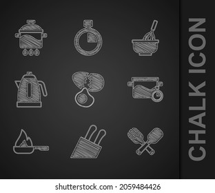 Set Broken egg, Knife, Crossed fork and spoon, Cooking pot, Frying pan, Electric kettle, Kitchen whisk with bowl and  icon. Vector