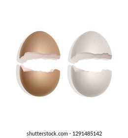 Set of Broken eggs, cracked open easter eggshell design, 3d realistic icons set isolated on white background, vector illustration